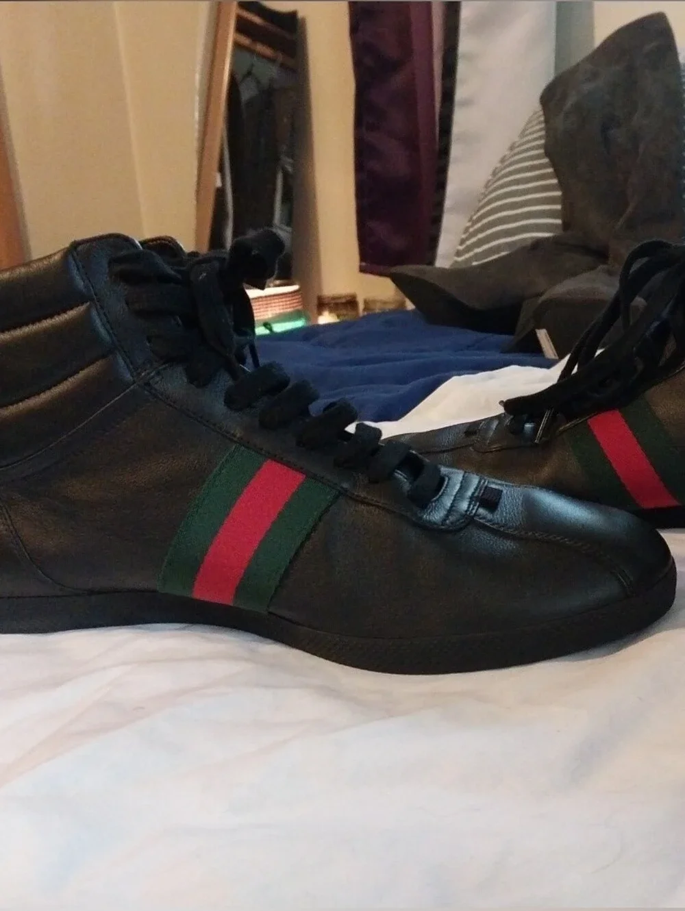 Gucci Black Leather High-Top Sneakers with Red & Green Web Stripe Size 12